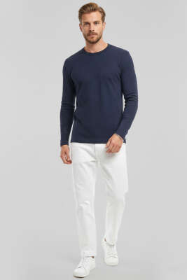 Bisiklet Yaka Waffle Erkek Sweatshirt Lacivert - Erkek Sweatshirt