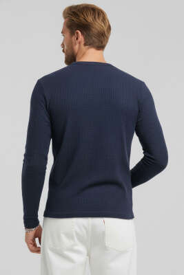 Bisiklet Yaka Waffle Erkek Sweatshirt Lacivert - Erkek Sweatshirt