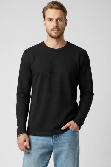 Bisiklet Yaka Waffle Erkek Sweatshirt Siyah - Erkek Sweatshirt