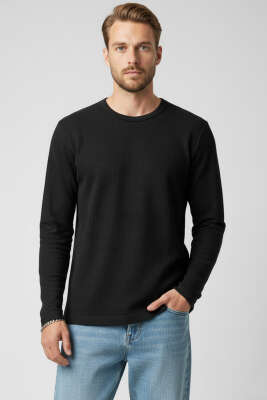 Bisiklet Yaka Waffle Erkek Sweatshirt Siyah - WİPEOUT