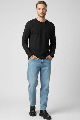 Bisiklet Yaka Waffle Erkek Sweatshirt Siyah - Tek Kalanlar