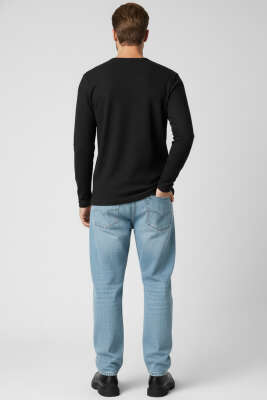 Bisiklet Yaka Waffle Erkek Sweatshirt Siyah - Tek Kalanlar