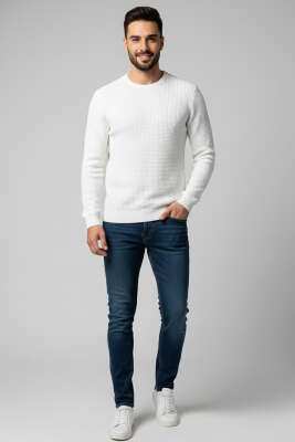 Bisiklet Yaka Waffle Erkek Triko Kazak Ekru - YNR YENER TRİKO