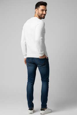 Bisiklet Yaka Waffle Erkek Triko Kazak Ekru - Erkek Kazak