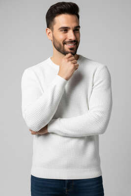 Bisiklet Yaka Waffle Erkek Triko Kazak Ekru - Erkek Kazak