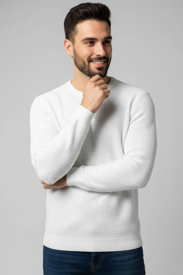 Bisiklet Yaka Waffle Erkek Triko Kazak Ekru - Yılın Fırsatı