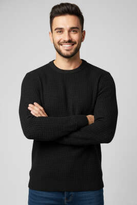 Bisiklet Yaka Waffle Erkek Triko Kazak Siyah - YNR YENER TRİKO