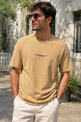 Bisiklet Yaka Waffle Kumaş Erkek T-shirt Camel - FRESHMAN