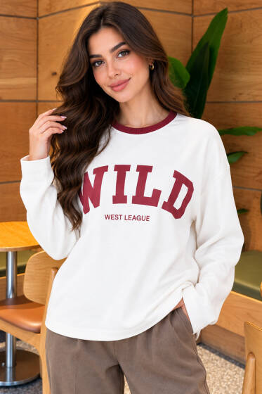Bisiklet Yaka Wild Baskılı Bluz Bordo - Kadın Giyim Modelleri