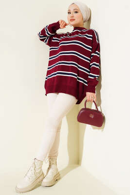 Bisiklet Yaka Yan Şeritli Triko Tunik Bordo - Tunik