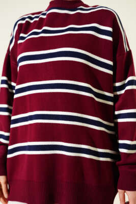 Bisiklet Yaka Yan Şeritli Triko Tunik Bordo - Tunik