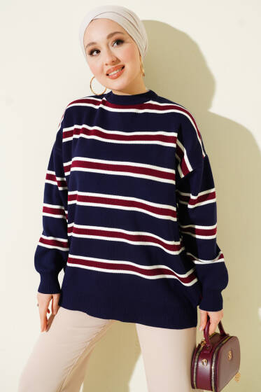 Bisiklet Yaka Yan Şeritli Triko Tunik Lacivert - Tunik