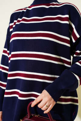 Bisiklet Yaka Yan Şeritli Triko Tunik Lacivert - Tunik