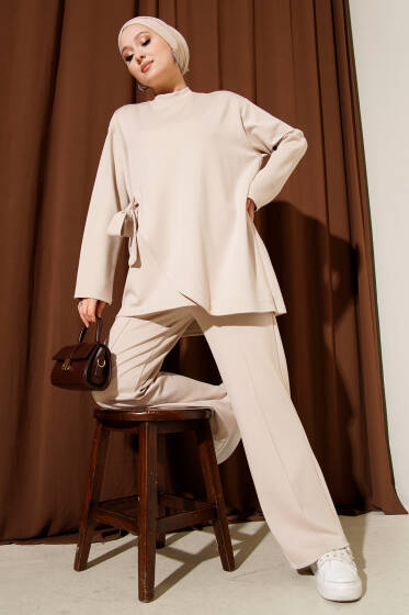 Bisiklet Yaka Yandan Bağlamalı İkili Takım Bej - İkili Takım