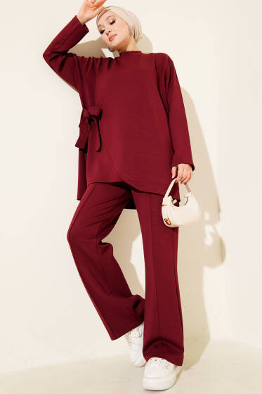 Bisiklet Yaka Yandan Bağlamalı İkili Takım Bordo - İkili Takım