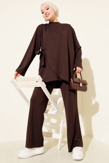 Bisiklet Yaka Yandan Bağlamalı İkili Takım Kahve - İkili Takım