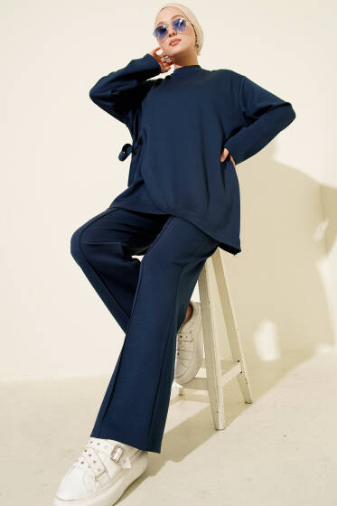 Bisiklet Yaka Yandan Bağlamalı İkili Takım Lacivert - İkili Takım