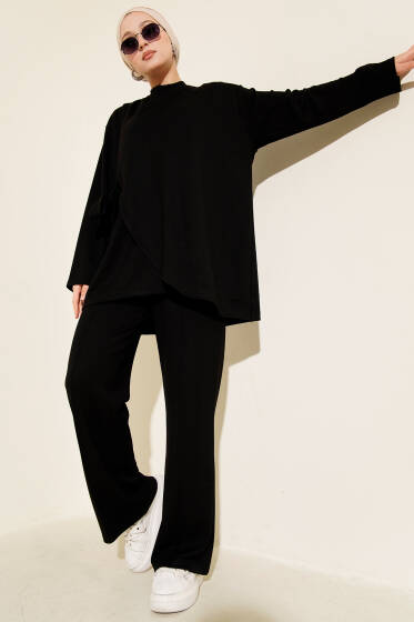 Bisiklet Yaka Yandan Bağlamalı İkili Takım Siyah - İkili Takım