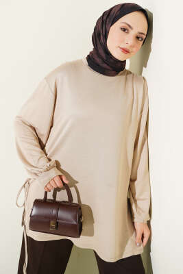 Bisiklet Yaka Yanları İp Bağlamalı Tunik Bej - ELFİDA TEKSTİL