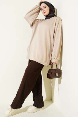 Bisiklet Yaka Yanları İp Bağlamalı Tunik Bej - Tunik