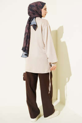 Bisiklet Yaka Yanları İp Bağlamalı Tunik Bej - Tunik