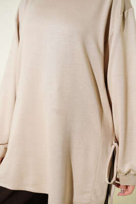 Bisiklet Yaka Yanları İp Bağlamalı Tunik Bej - Tunik
