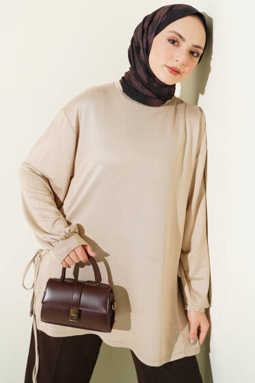 Bisiklet Yaka Yanları İp Bağlamalı Tunik Bej - Yılın Fırsatı
