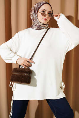 Bisiklet Yaka Yanları İp Bağlamalı Tunik Ekru - ELFİDA TEKSTİL