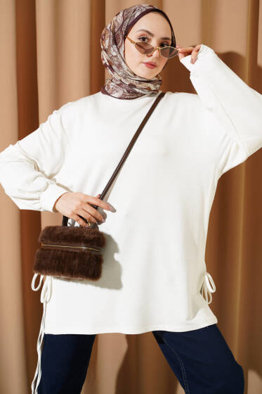 Bisiklet Yaka Yanları İp Bağlamalı Tunik Ekru - Tunik