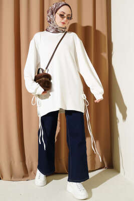 Bisiklet Yaka Yanları İp Bağlamalı Tunik Ekru - Tunik