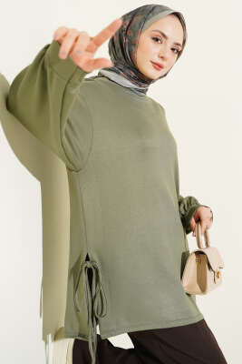 Bisiklet Yaka Yanları İp Bağlamalı Tunik Haki - ELFİDA TEKSTİL