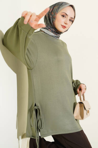 Bisiklet Yaka Yanları İp Bağlamalı Tunik Haki - Tunik