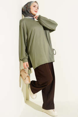 Bisiklet Yaka Yanları İp Bağlamalı Tunik Haki - Tunik