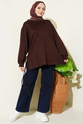 Bisiklet Yaka Yanları İp Bağlamalı Tunik Kahve - Tunik