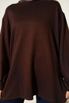 Bisiklet Yaka Yanları İp Bağlamalı Tunik Kahve - Tunik