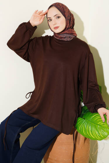 Bisiklet Yaka Yanları İp Bağlamalı Tunik Kahve - Yılın Fırsatı
