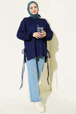 Bisiklet Yaka Yanları İp Bağlamalı Tunik Lacivert - Tunik