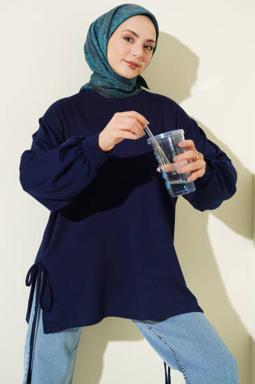 Bisiklet Yaka Yanları İp Bağlamalı Tunik Lacivert - Yılın Fırsatı