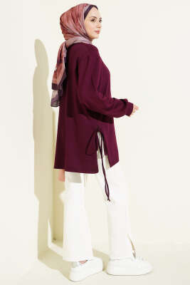 Bisiklet Yaka Yanları İp Bağlamalı Tunik Mürdüm - 300-500 TL Ürünler
