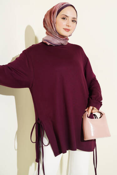 Bisiklet Yaka Yanları İp Bağlamalı Tunik Mürdüm - Tunik