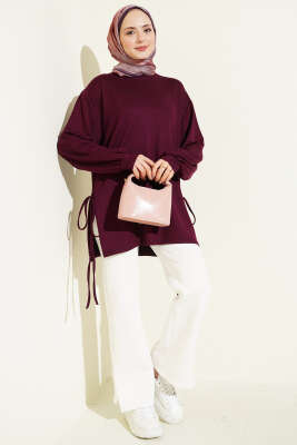 Bisiklet Yaka Yanları İp Bağlamalı Tunik Mürdüm - Tunik