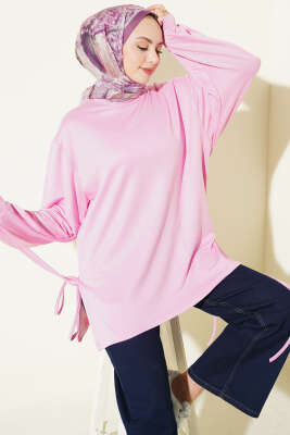 Bisiklet Yaka Yanları İp Bağlamalı Tunik Pembe - ELFİDA TEKSTİL