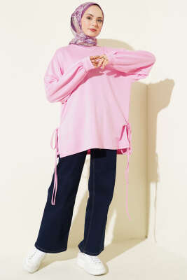 Bisiklet Yaka Yanları İp Bağlamalı Tunik Pembe - Tunik