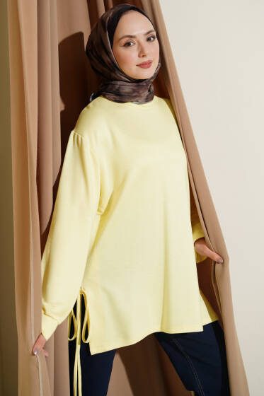 Bisiklet Yaka Yanları İp Bağlamalı Tunik Sarı - Yılın Fırsatı