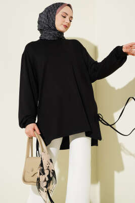 Bisiklet Yaka Yanları İp Bağlamalı Tunik Siyah - ELFİDA TEKSTİL