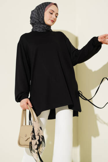 Bisiklet Yaka Yanları İp Bağlamalı Tunik Siyah - Tunik