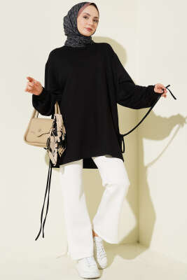 Bisiklet Yaka Yanları İp Bağlamalı Tunik Siyah - Tunik