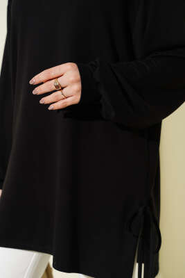 Bisiklet Yaka Yanları İp Bağlamalı Tunik Siyah - Tunik