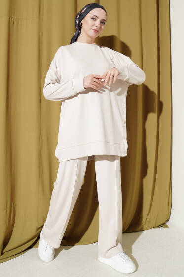 Bisiklet Yaka Yanları Metal Düğmeli İkili Takım Bej - İkili Takım