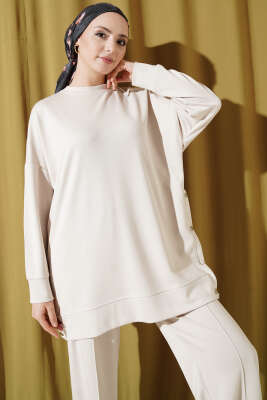 Bisiklet Yaka Yanları Metal Düğmeli İkili Takım Bej - İkili Takım